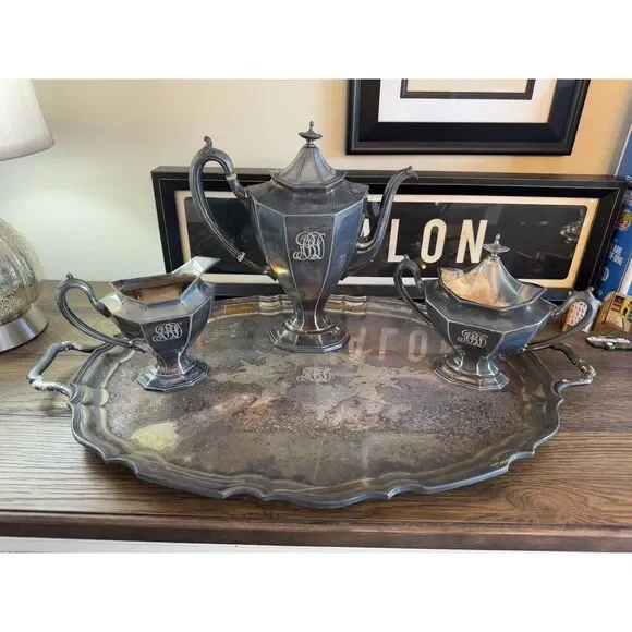 Gorgeous Antique Reed and Barton Art Deco Silver Plated Tea set #3690 with tray - Picture 2 of 16